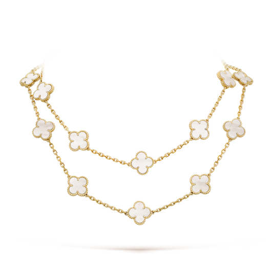 Van Cleef & Arpels, Vintage Alhambra long necklace, 20 motifs, 18K yellow gold, white mother-of-pearl