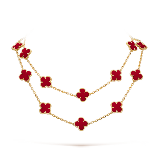Van Cleef & Arpels, Vintage Alhambra long necklace, 20 motifs, 18K yellow gold, carnelian.