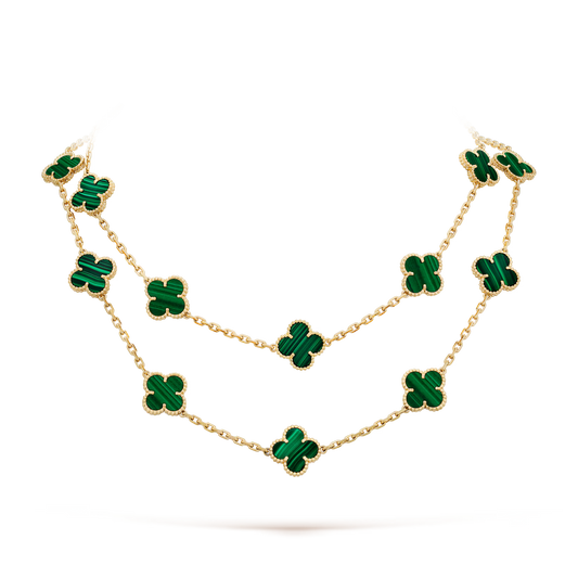 Van Cleef & Arpels, Vintage Alhambra long necklace, 20 motifs, 18K yellow gold, malachite.
