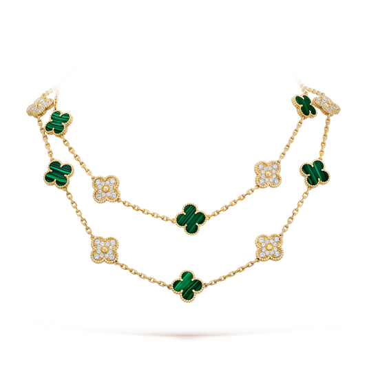 Van Cleef & Arpels, Vintage Alhambra long necklace, 20 motifs, 18K yellow gold, malachite, round diamonds