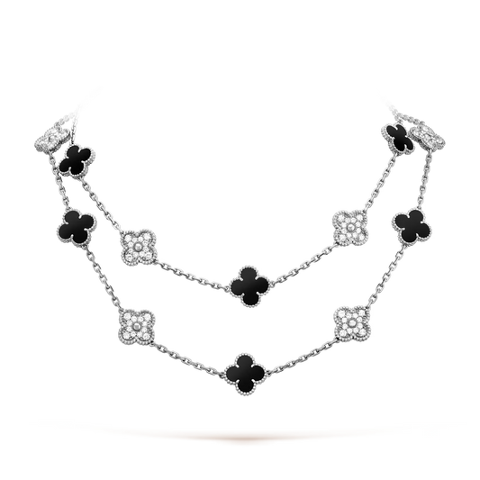 Van Cleef & Arpels, Vintage Alhambra long necklace, 20 motifs, rhodium plated 18K white gold, onyx, round diamonds