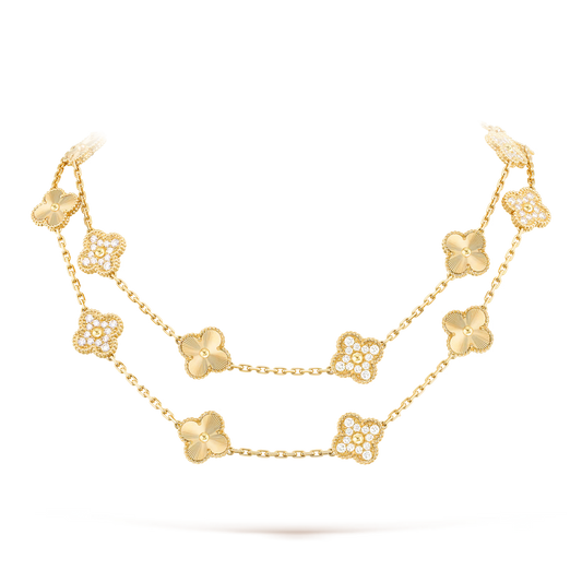 Van Cleef & Arpels, Vintage Alhambra long necklace, 20 motifs, guilloché 18K yellow gold, round diamonds