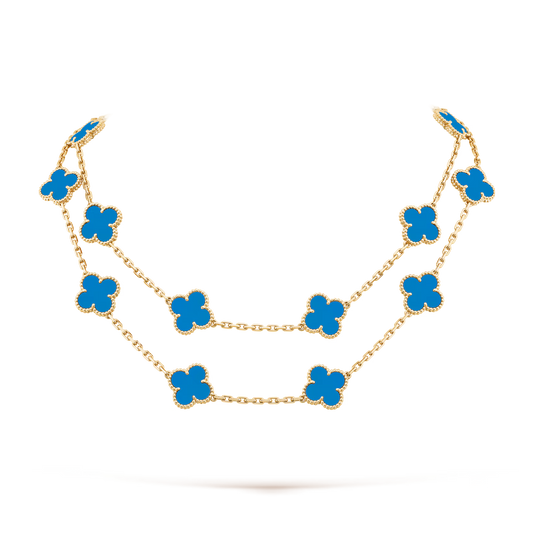 Van Cleef & Arpels, Vintage Alhambra long necklace, 20 motifs, 18K yellow gold, blue agate