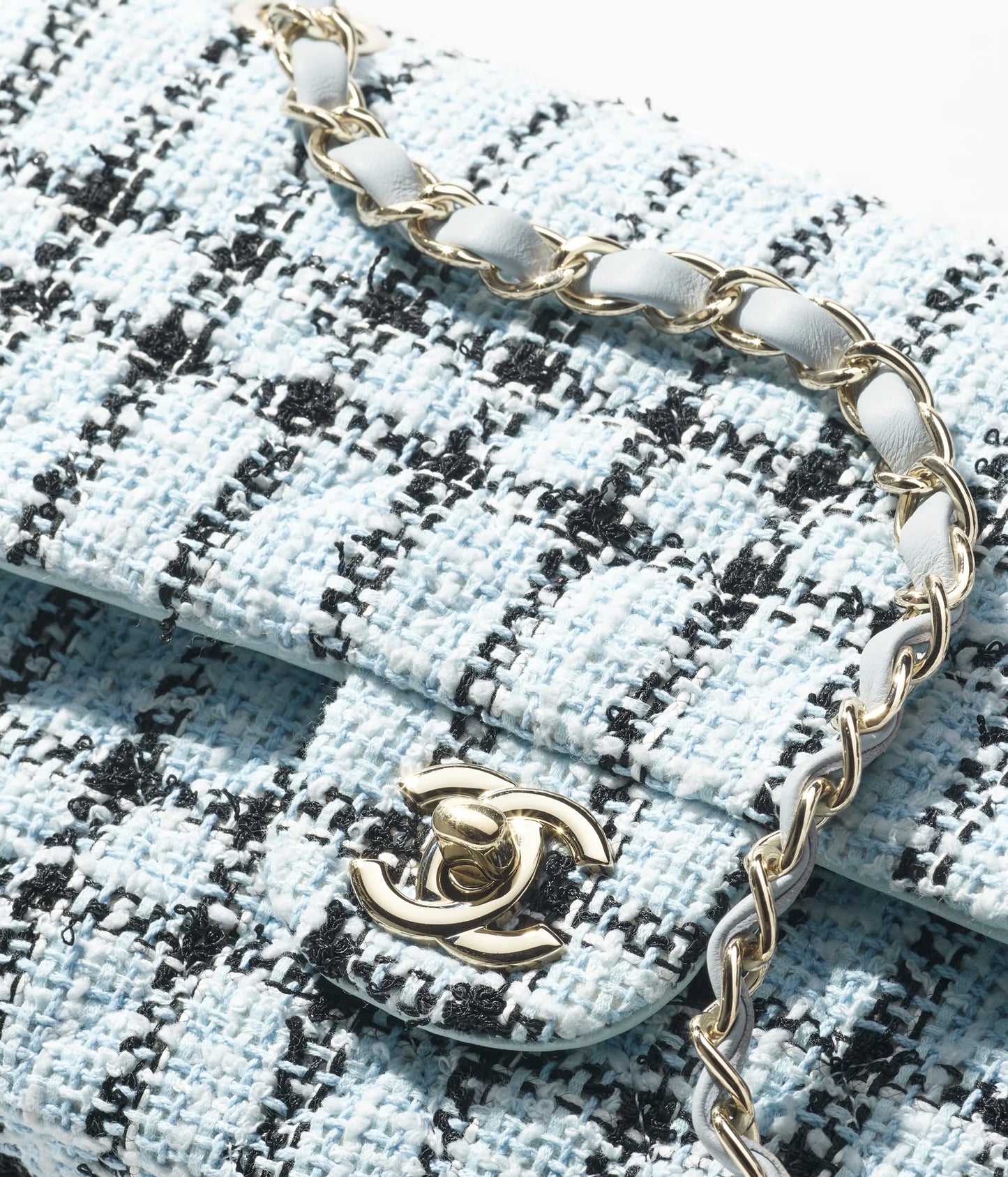 Chanel Classic 11.12 Handbag Tweed & Gold Metal Light Blue & Black