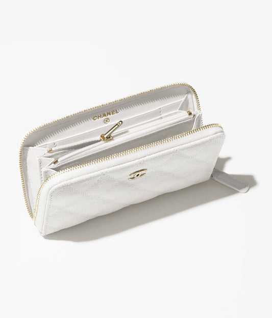 Chanel Classic Zipped Wallet Grained Shiny Calfskin & Gold-Tone Metal - White