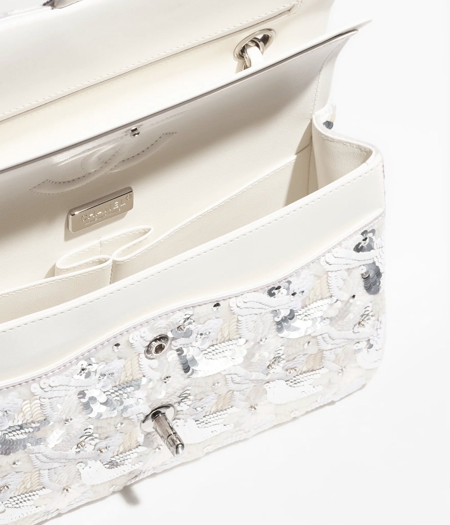Chanel Classic 11.12 Handbag Embroidered Satin, Sequins, Glass Pearls & Silver-Tone Metal White & Silvery