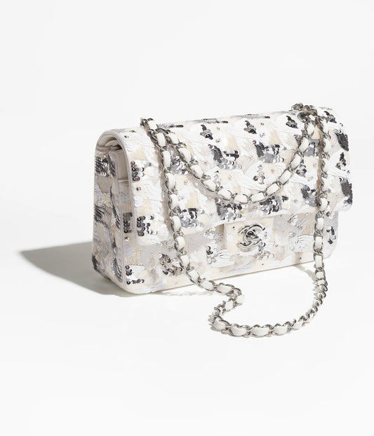 Chanel Classic 11.12 Handbag Embroidered Satin, Sequins, Glass Pearls & Silver-Tone Metal White & Silvery