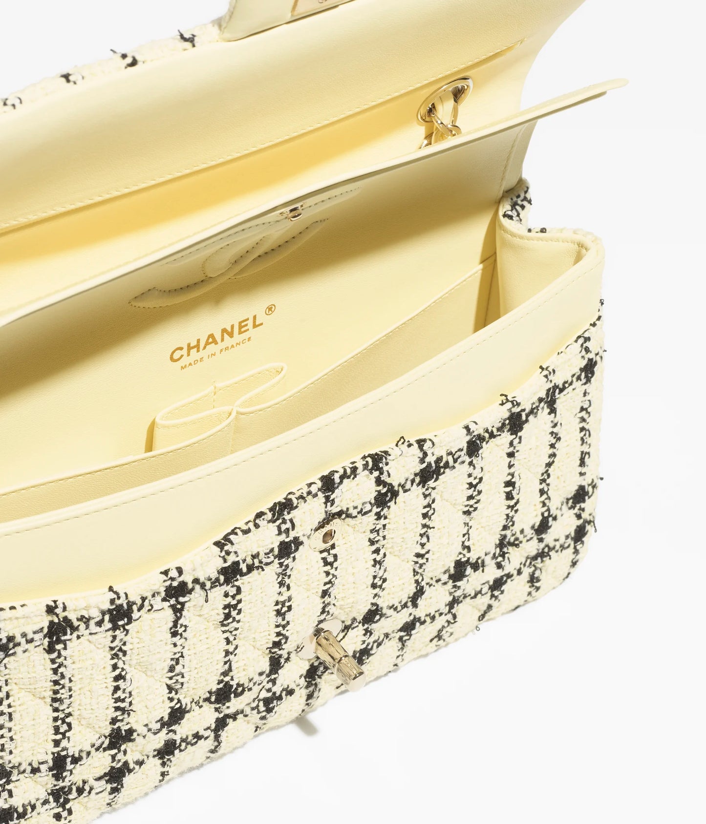 Chanel Classic 11.12 Handbag Tweed & Gold Metal Light Yellow & Black