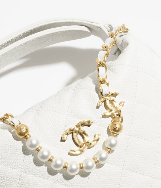 Chanel Pouch Grained Calfskin, Imitation Pearl & Gold-Tone Metal - White
