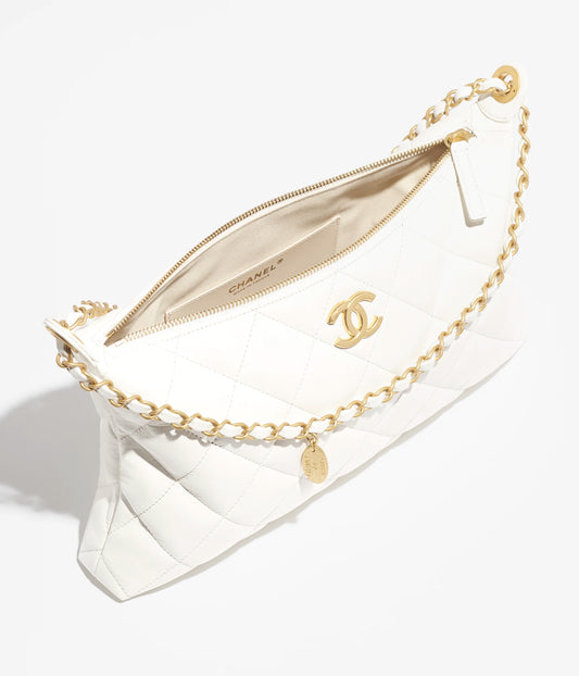 Chanel Large Hobo Bag Shiny Lambskin & Gold-Tone Metal - White