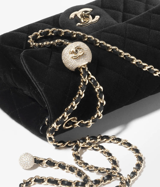 Chanel Mini Flap Bag Velvet, Diamanté & Gold-Tone Metal - Black