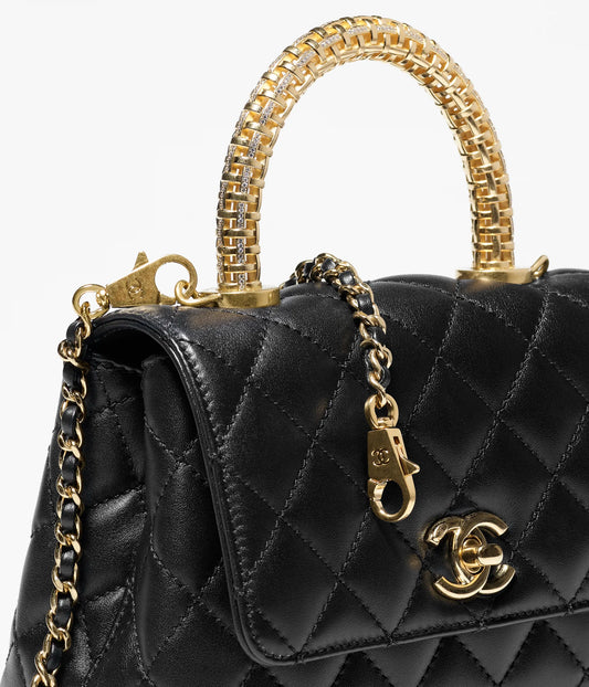 Chanel Flap Bag With Top Handle Calfskin, Diamanté & Gold Metal - Black