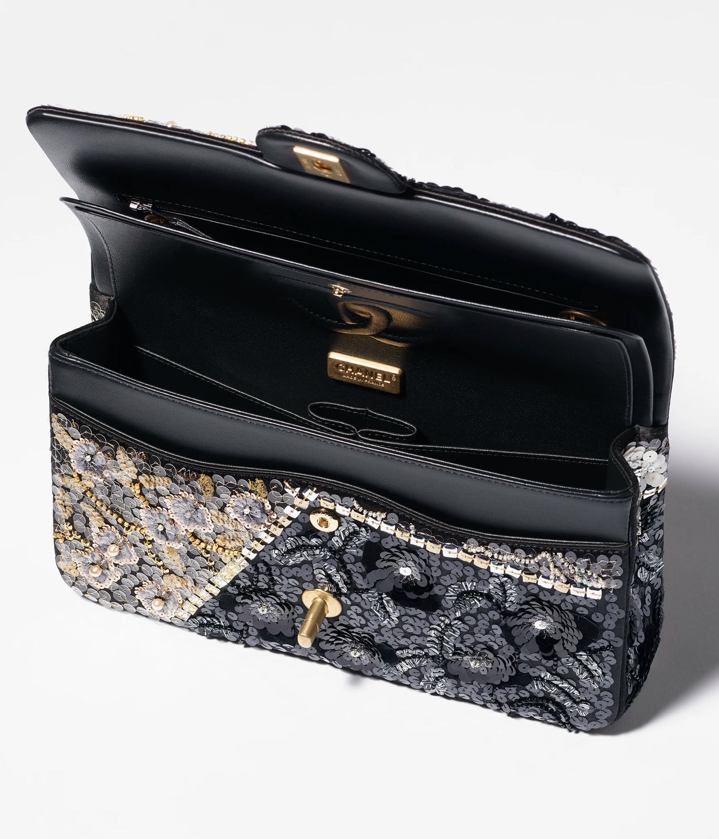 Chanel Classic 11.12 Handbag Satin, Sequins, Glass Pearls & Gold-Tone Metal Black, Golden & White
