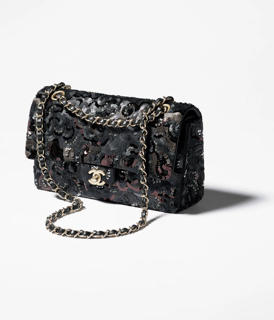 Chanel Classic 11.12 Handbag Satin, Sequins, Glass Pearls & Gold-Tone Metal Black, Dark Gray & Burgundy