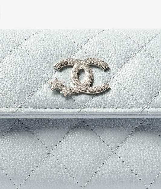 Chanel Small Double Wallet Shiny Grained Calfskin, Strass & Silver-Tone Metal - Light Blue