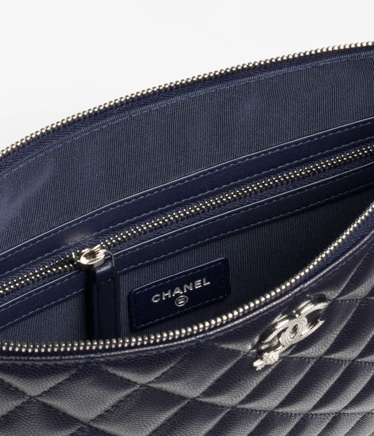 Chanel Pouch Shiny Grained Calfskin, Strass & Silver-Tone Metal - Dark Blue