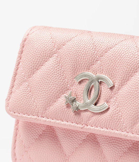 Chanel Card Holder Shiny Grained Calfskin, Strass & Silver-Tone Metal - Light Pink