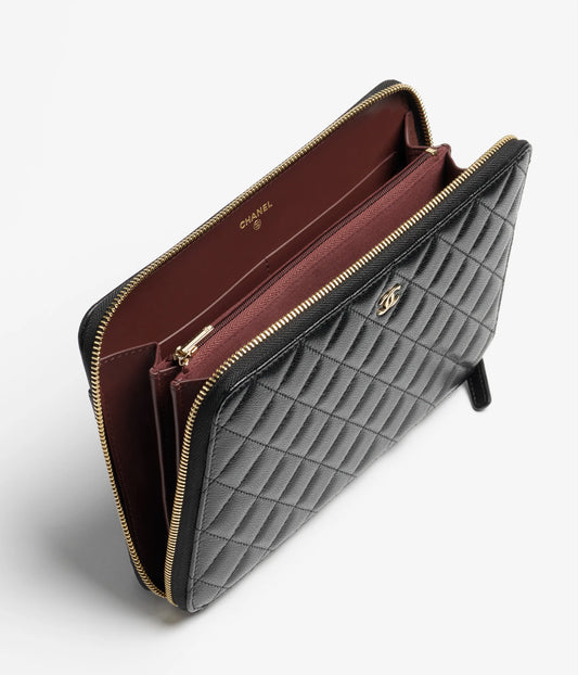 Chanel Classic Zipped Travel Pouch Grained Shiny Calfskin & Gold-Tone Metal Black