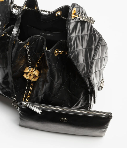 Chanel 25 Medium Handbag Shiny Crumpled Calfskin, Gold-Tone & Ruthenium-Finish Metal - Black