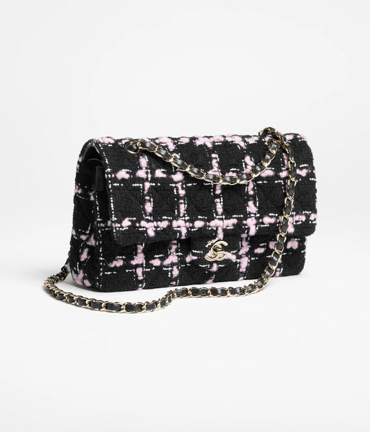 Chanel Classic 11.12 Handbag Wool Tweed & Gold-Tone Metal Black, Light Pink & White
