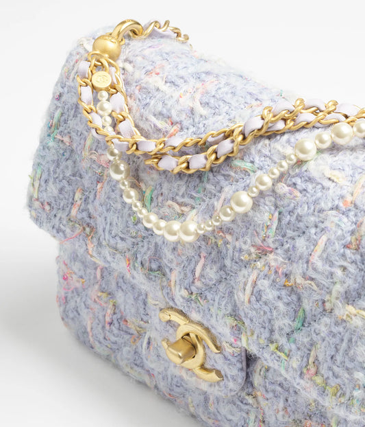 Chanel Mini Flap Bag Wool Tweed, Imitation Pearls & Gold-Tone Metal - Lilac & Multicolor