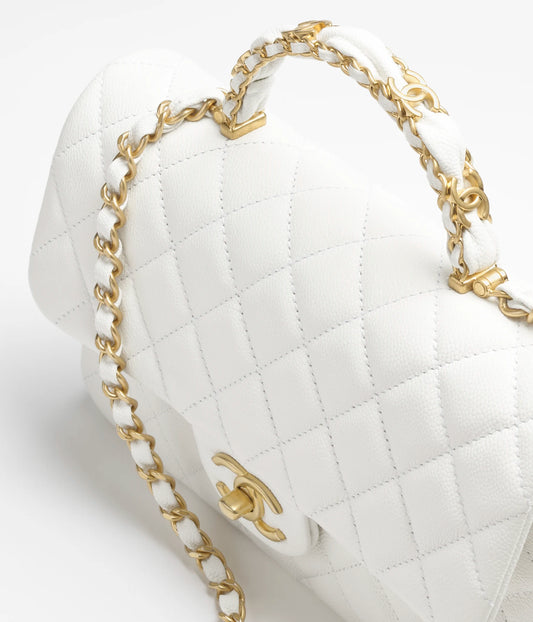 Chanel Flap Bag With Top Handle Grained Shiny Calfskin & Gold-Tone Metal White
