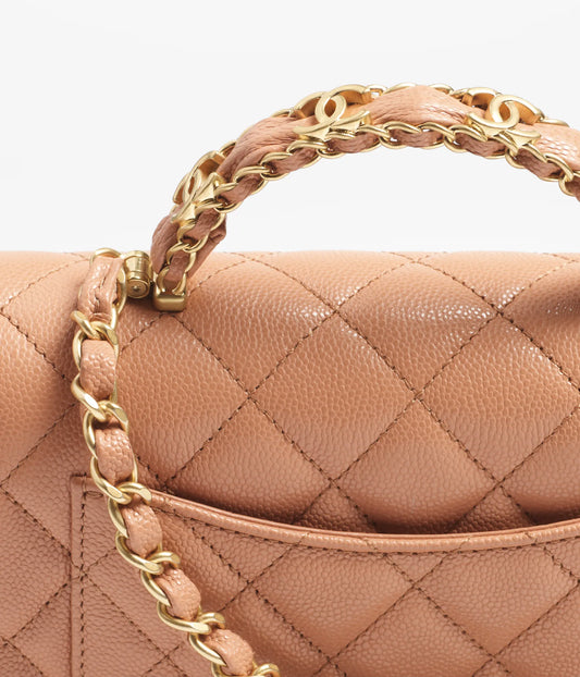Chanel Flap Bag With Top Handle Grained Shiny Calfskin & Gold-Tone Metal - Camel