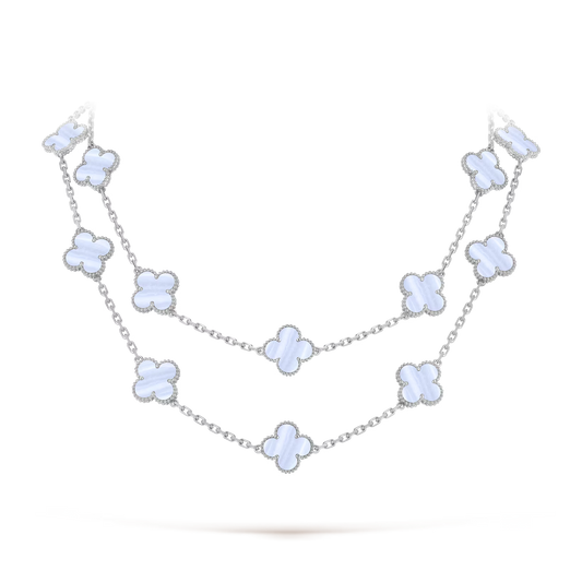 Van Cleef & Arpels, Vintage Alhambra long necklace, 20 motifs, rhodium plated 18K white gold, chalcedony