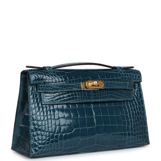 Hermès Kelly Pochette Vert Bosphore Shiny Alligator Gold Hardware