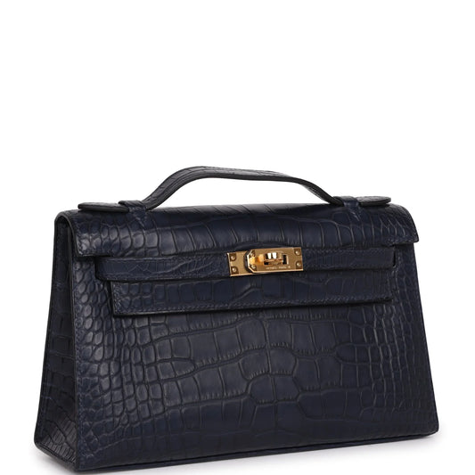 Hermès Kelly Pochette Bleu Indigo Matte Alligator Gold Hardware
