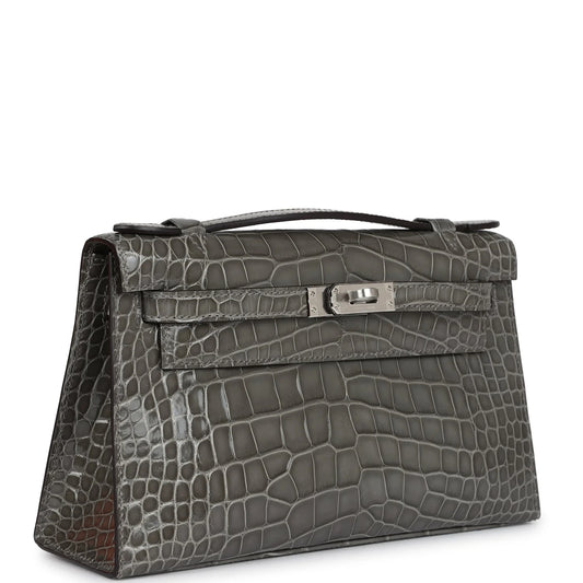 Hermès Kelly Pochette Gris Ciment Shiny Alligator Palladium Hardware