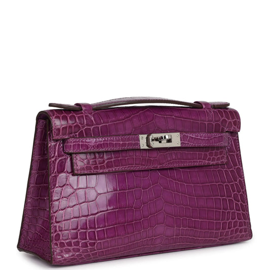 Hermès Kelly Pochette Violet Shiny Niloticus Crocodile Palladium Hardware