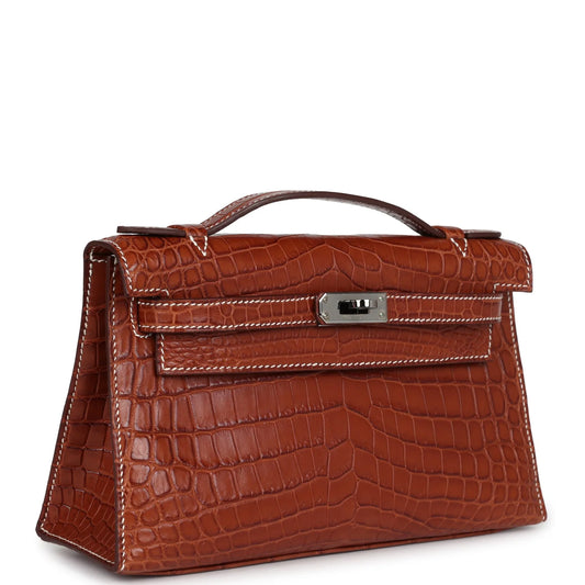 Hermès Kelly Pochette Fauve Matte Niloticus Crocodile Ruthenium Hardware
