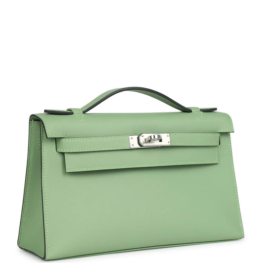 Hermès Kelly Pochette Vert Criquet Swift Palladium Hardware