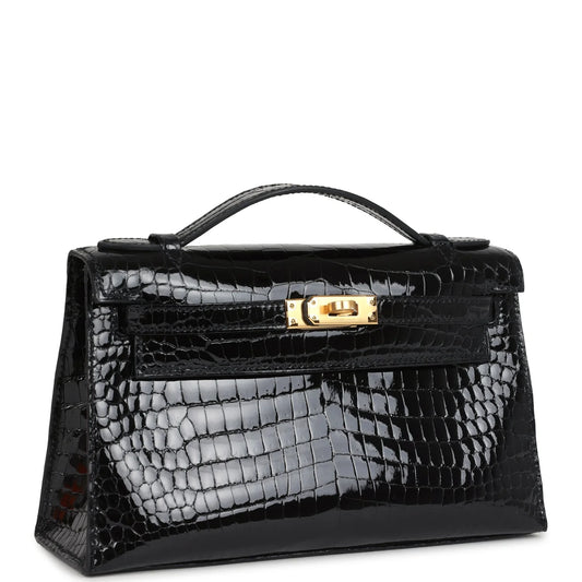 Hermès Kelly Pochette Black Shiny Porosus Crocodile Gold Hardware