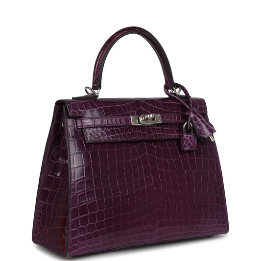Hermès Kelly Sellier 25 Amethyst Shiny Niloticus Crocodile Palladium Hardware
