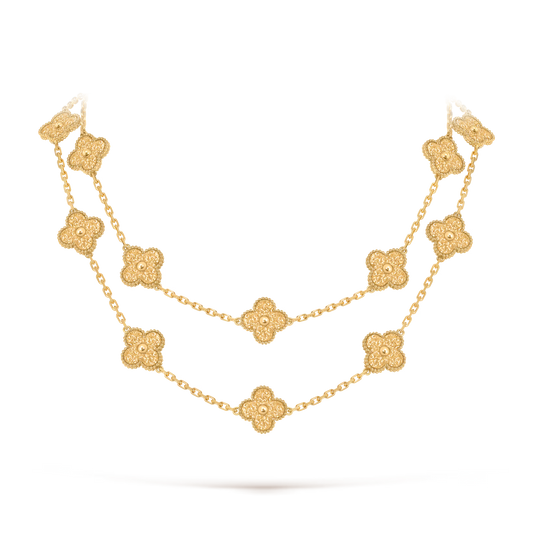 Van Cleef & Arpels, Vintage Alhambra long necklace, 20 motifs, textured 18K yellow gold.