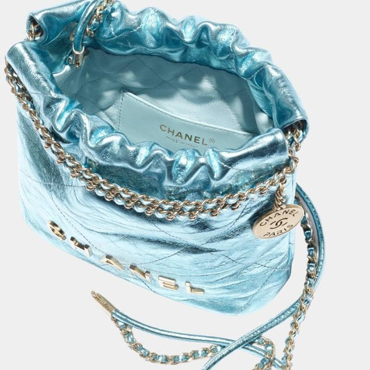 Chanel 22 Mini Handbag Cruise Metallic Calfskin & Gold-Tone Metal - Light Blue