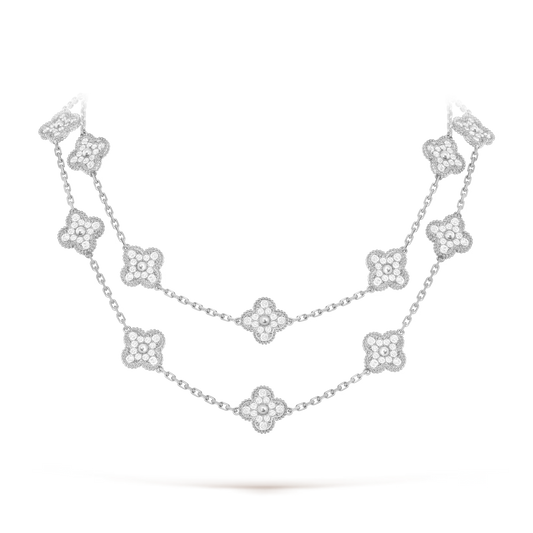 Van Cleef & Arpels, Vintage Alhambra long necklace, 20 motifs, rhodium plated 18K white gold, round diamonds