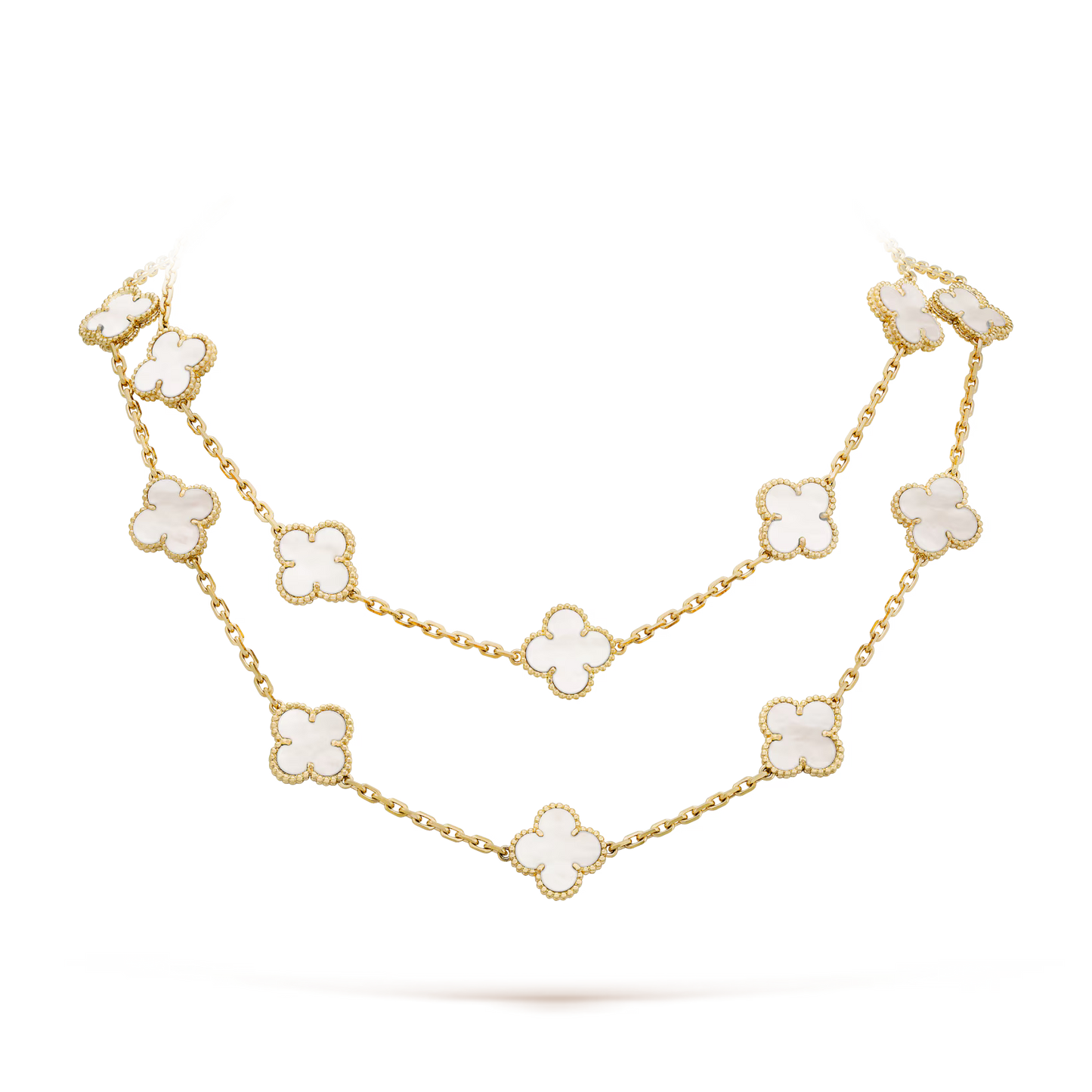 Van Cleef & Arpels, Vintage Alhambra long necklace, 20 motifs, 18K yellow gold, white mother-of-pearl