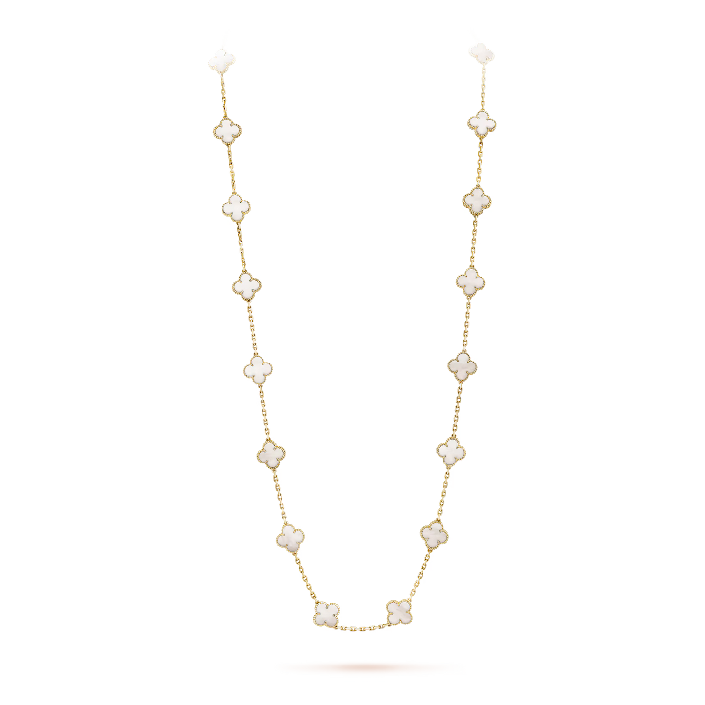 Van Cleef & Arpels, Vintage Alhambra long necklace, 20 motifs, 18K yellow gold, white mother-of-pearl