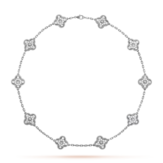 Van Cleef & Arpels, Vintage Alhambra necklace, 10 motifs, rhodium plated 18K white gold, round diamonds