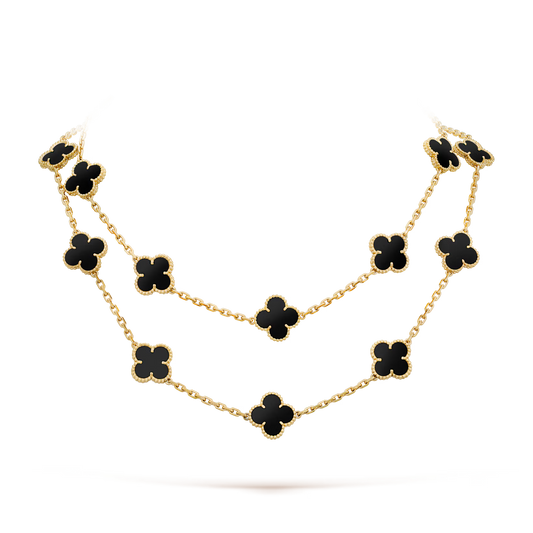 Van Cleef & Arpels, Vintage Alhambra long necklace, 20 motifs, 18K yellow gold, onyx