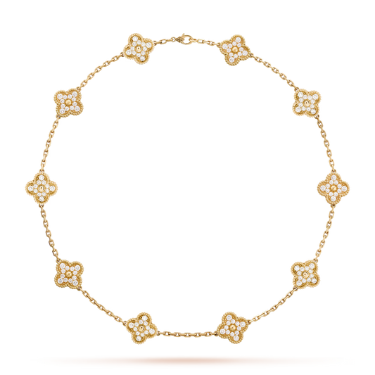 Van Cleef & Arpels, Vintage Alhambra necklace, 10 motifs, 18K yellow gold, round diamonds