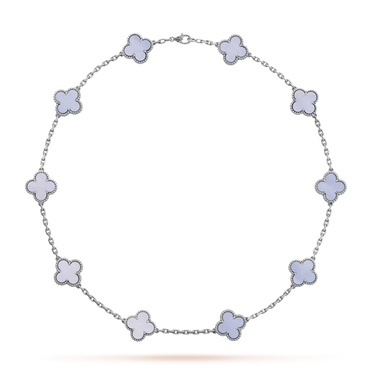 Van Cleef & Arpels, Vintage Alhambra necklace, 10 motifs, rhodium plated 18K white gold, chalcedony