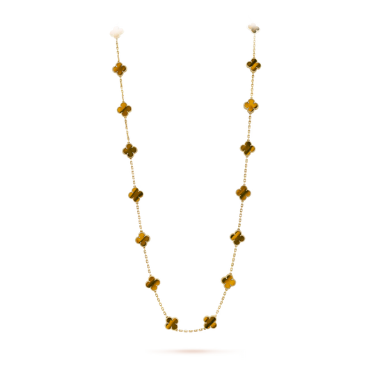 Van Cleef & Arpels, Vintage Alhambra long necklace, 20 motifs, 18K yellow gold, tiger’s eye