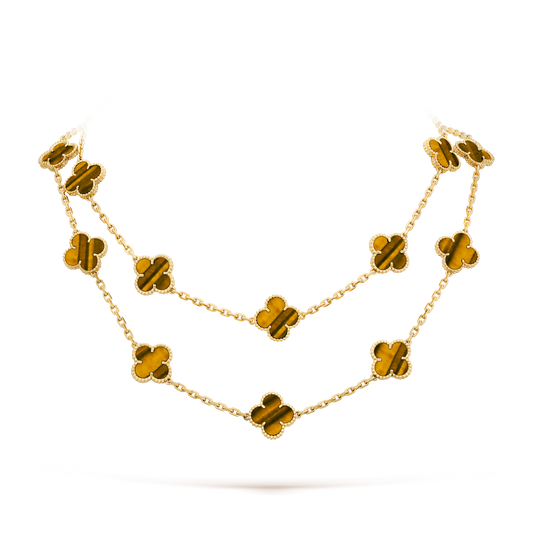 Van Cleef & Arpels, Vintage Alhambra long necklace, 20 motifs, 18K yellow gold, tiger’s eye