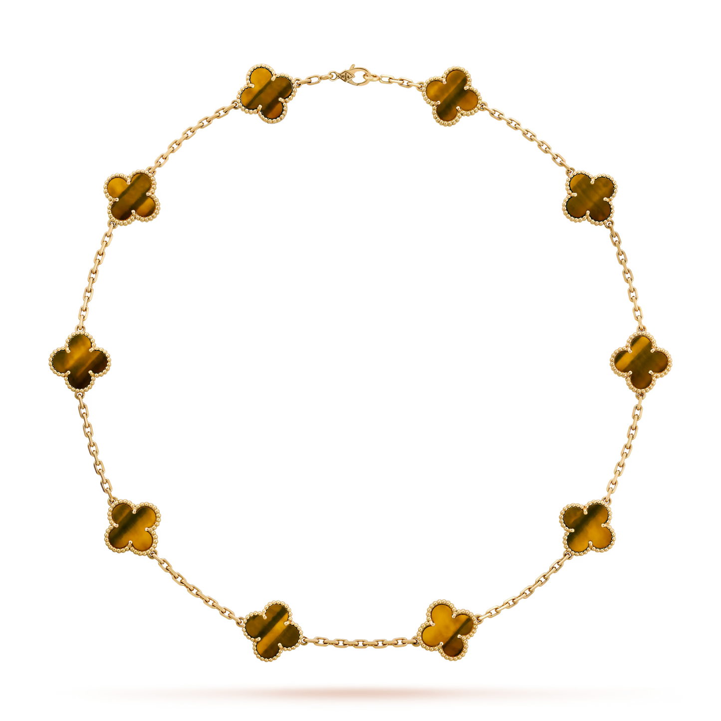 Van Cleef & Arpels, Vintage Alhambra necklace, 10 motifs, 18K yellow gold, tiger’s eye