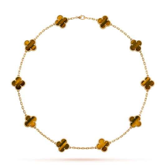 Van Cleef & Arpels, Vintage Alhambra necklace, 10 motifs, 18K yellow gold, tiger’s eye