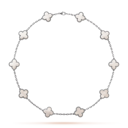 Van Cleef & Arpels, Vintage Alhambra necklace, 10 motifs, rhodium plated 18K white gold, white mother-of-pearl